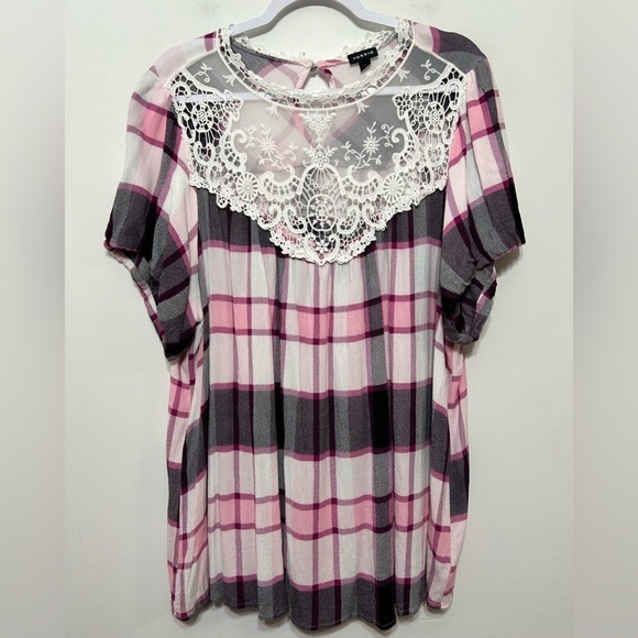 Torrid Plaid Crochet Lace Crinkle Gauze Blouse - Picture 5 of 13